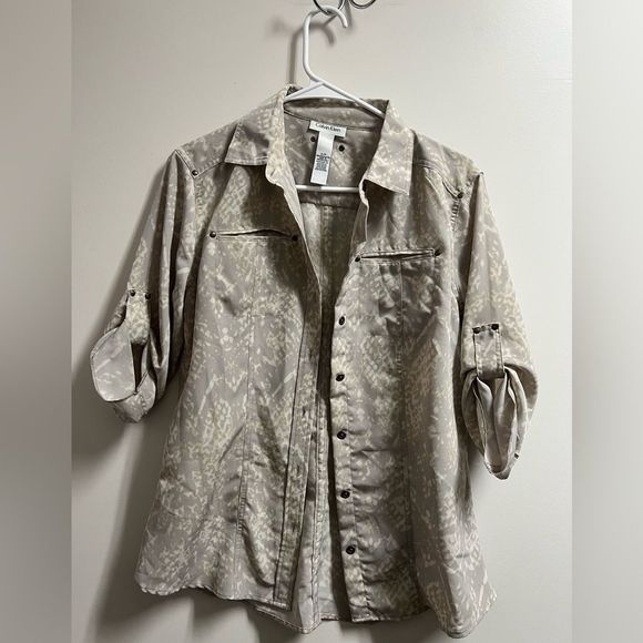 Calvin Klein Womens Blouse Shirt -Roll Tab Sleeve - Button Down Gray Size Small - Picture 2 of 13